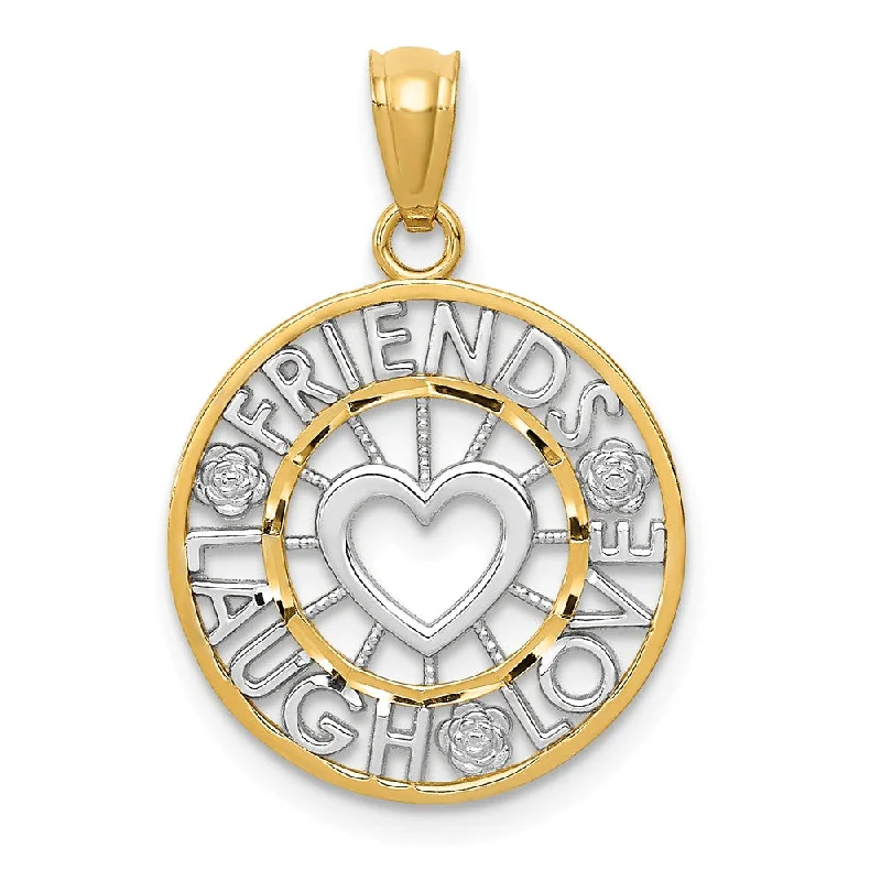 14k Yellow Gold & Rhodium Friends Laugh Love Circle Pendant, 16mm